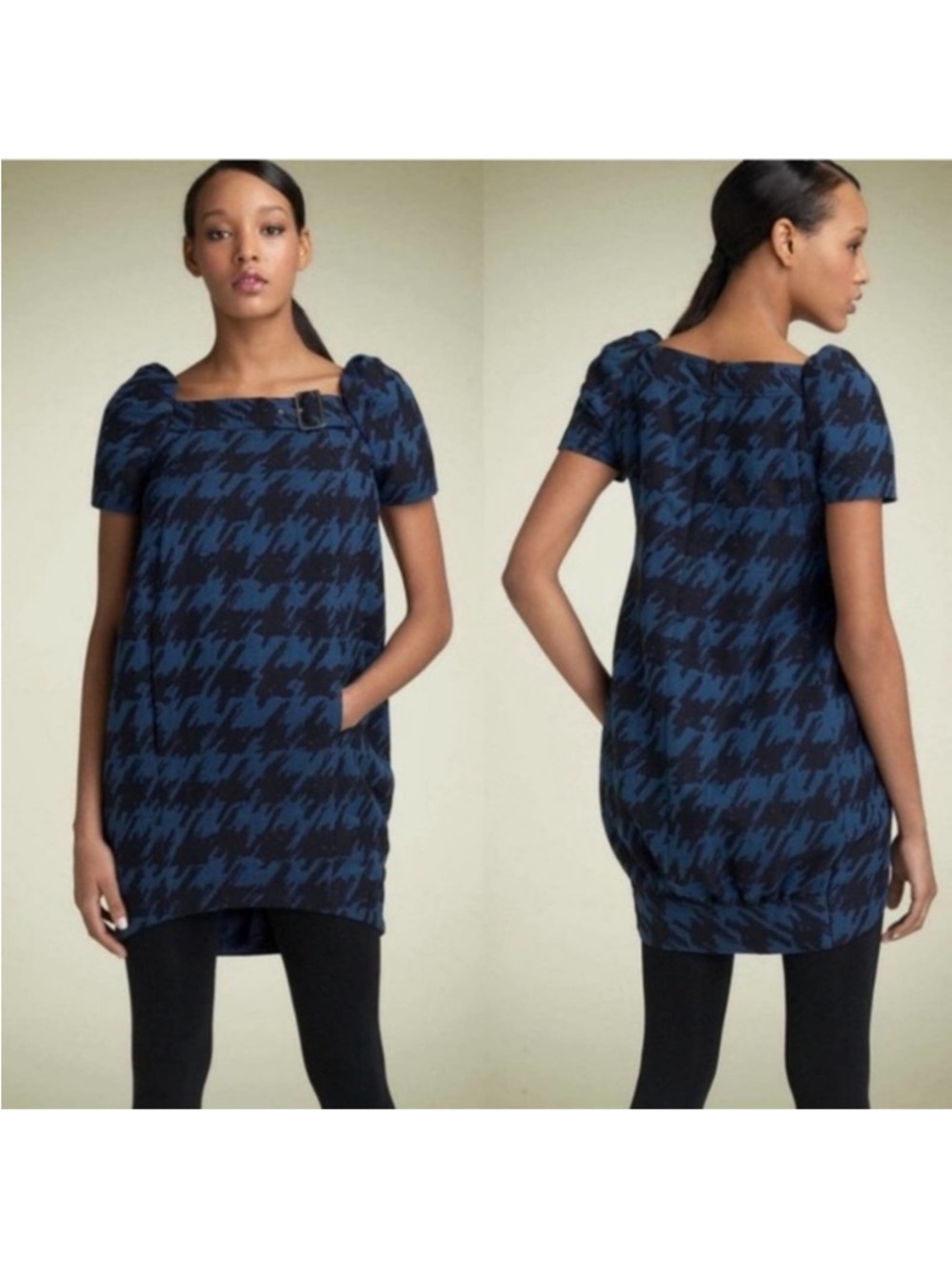 Y2K Marc by Marc Jacobs Houndstooth Blue Black Bubble Hem Shift Dress Medium